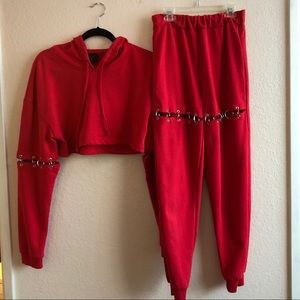 Red Two Piece Cropped Sweatsuit with ring details
